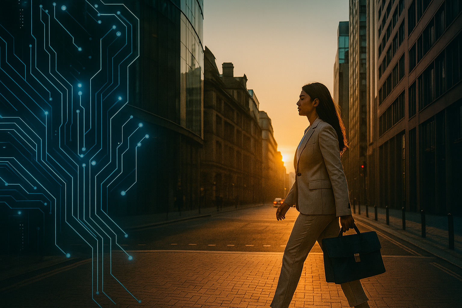 Professional woman walking through a modern city with abstract circuitry motifs, suggesting AI and technology